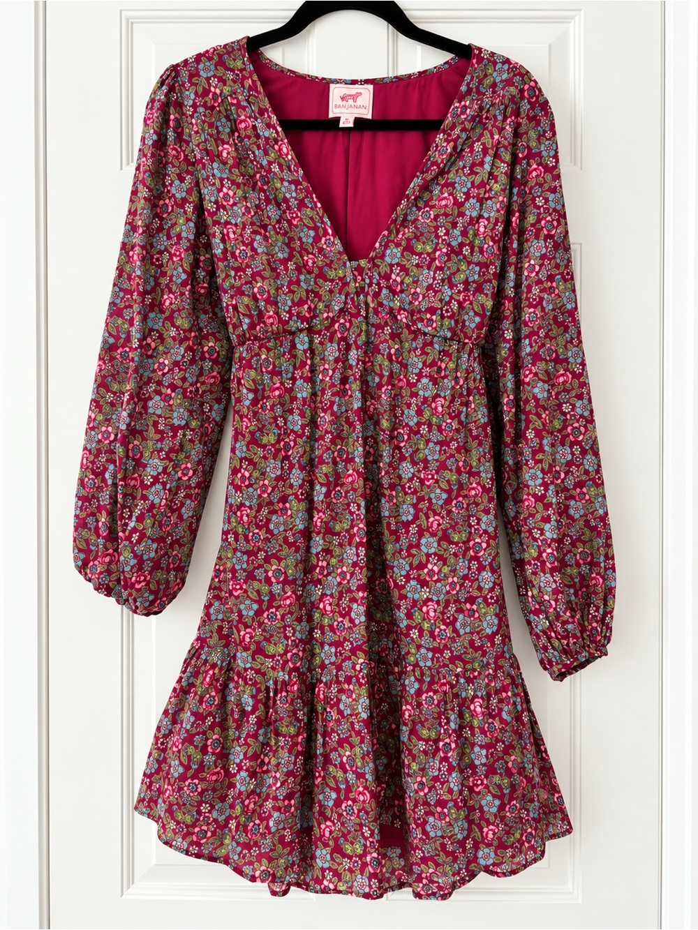 Banjanan Pink Floral V-Neck Tiered Mini Dress